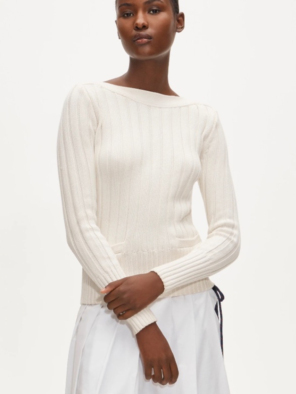 J crew ivory Cotton rib boatneck sweater with pockets